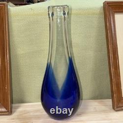 1960s Blue 1/2 Thick Glass Art Vase 13.5 Tall