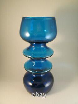 1972 Scandinavian Style Heavy Hooped Blue MCM Rainbow Glass Co. Vase