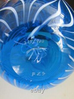 1976 Fenton Blue Art Glass Vase White Pulled Feather Decoration Signed LIMITED