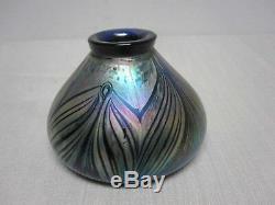 1976 Signed Fellerman Iridescent Pulled Feather Art Glass 3 Inkwell Vase