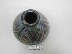 1976 Signed Fellerman Iridescent Pulled Feather Art Glass 3 Inkwell Vase