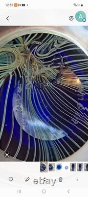 1977 Orient & Flume Pulled Feather Blue Iridescent Art Glass 8 Vase Signed #119