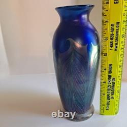 1977 Orient & Flume Pulled Feather Blue Iridescent Art Glass 8 Vase Signed #119