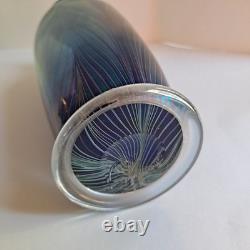 1977 Orient & Flume Pulled Feather Blue Iridescent Art Glass 8 Vase Signed #119
