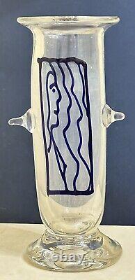 1979 Clear Art Glass 7 Tall Vase with Blue Face Signed By Pat Benoit