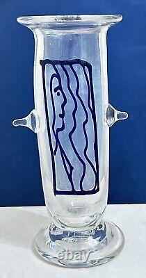 1979 Clear Art Glass 7 Tall Vase with Blue Face Signed By Pat Benoit