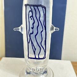 1979 Clear Art Glass 7 Tall Vase with Blue Face Signed By Pat Benoit