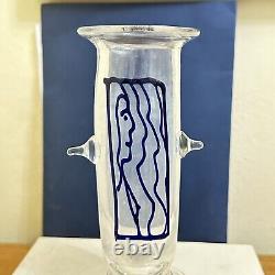 1979 Clear Art Glass 7 Tall Vase with Blue Face Signed By Pat Benoit