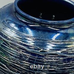 1981 Eric Brakken Blown Art Glass Vase Threaded Blue Metallic Iridescence