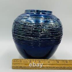 1981 Eric Brakken Blown Art Glass Vase Threaded Blue Metallic Iridescence