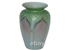 1981 Vandermark Studio Art Glass Vase Green Pink Blue Pulled Feather