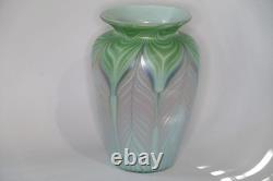 1981 Vandermark Studio Art Glass Vase Green Pink Blue Pulled Feather