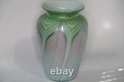 1981 Vandermark Studio Art Glass Vase Green Pink Blue Pulled Feather
