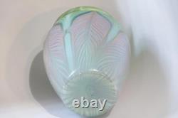 1981 Vandermark Studio Art Glass Vase Green Pink Blue Pulled Feather