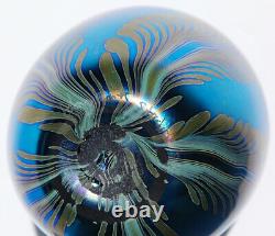 1982 John Cook Blue Iridescent Peacock Feathers Art Glass Vase Signed MINT