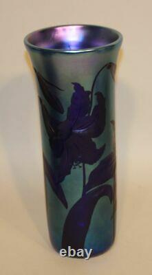 1982 Lubomir Richter Orient & Flume Art Glass 12 Inch Blue Floral Etched Vase