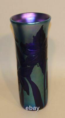 1982 Lubomir Richter Orient & Flume Art Glass 12 Inch Blue Floral Etched Vase