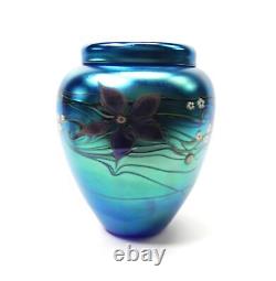 1984 Oriental & Flume Art Glass Blue Iridescence 8 Floral Vase A108