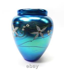 1984 Oriental & Flume Art Glass Blue Iridescence 8 Floral Vase A108