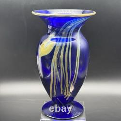 1986 Signed Pulled Feather Cobalt Blue Art Glass Vase 6¾ Studio Hand-Blown