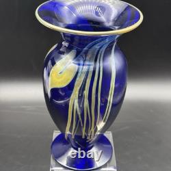 1986 Signed Pulled Feather Cobalt Blue Art Glass Vase 6¾ Studio Hand-Blown