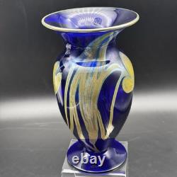 1986 Signed Pulled Feather Cobalt Blue Art Glass Vase 6¾ Studio Hand-Blown