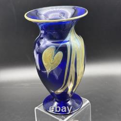 1986 Signed Pulled Feather Cobalt Blue Art Glass Vase 6¾ Studio Hand-Blown