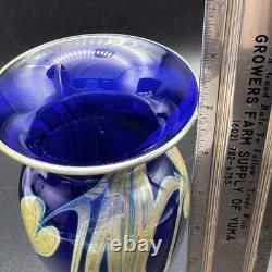 1986 Signed Pulled Feather Cobalt Blue Art Glass Vase 6¾ Studio Hand-Blown