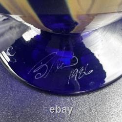 1986 Signed Pulled Feather Cobalt Blue Art Glass Vase 6¾ Studio Hand-Blown