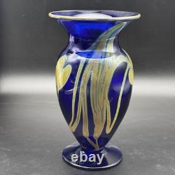 1986 Signed Pulled Feather Cobalt Blue Art Glass Vase 6¾ Studio Hand-Blown