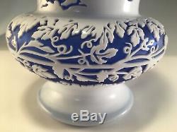 1988 Kelsey Murphy Pilgrim Cameo Glass Vase Cobalt Blue & White Musicians Signed