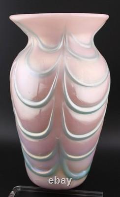 1990 Gibson Glass Pink Blue Opalescent Iridescent Blown Art Glass Vase 7.5
