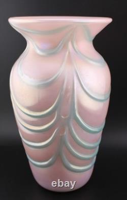 1990 Gibson Glass Pink Blue Opalescent Iridescent Blown Art Glass Vase 7.5