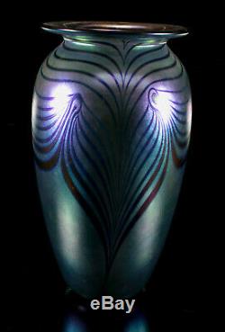 1995 Pulled Feather Iridescent Blue Cobalt Art Glass Vase