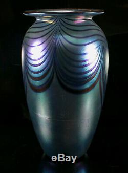 1995 Pulled Feather Iridescent Blue Cobalt Art Glass Vase