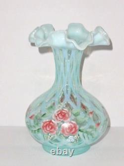 1996 Fenton Aqua Blue Opalescent Diamond Optic George Fenton Vase #1636