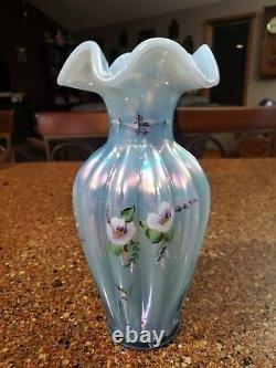 1997 Fenton Misty Blue Floral Vase signed and numbered