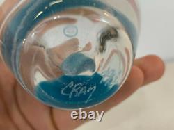 1999 Tony Cray Signed Art Glass Vase with Blue & Red Spot Decoration