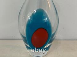 1999 Tony Cray Signed Art Glass Vase with Blue & Red Spot Decoration