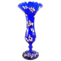 19th Century Antique Bohemian Facet Cut Blue Glass Vase Hand Painted Enamels