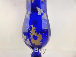 19th Century Antique Bohemian Facet Cut Blue Glass Vase Hand Painted Enamels