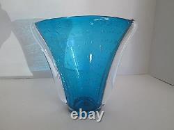 1x CONTROLLED BUBBLES Blue with Clear Handled Art Glass Vase Mid Century Modern