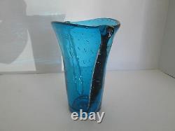 1x CONTROLLED BUBBLES Blue with Clear Handled Art Glass Vase Mid Century Modern