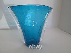 1x CONTROLLED BUBBLES Blue with Clear Handled Art Glass Vase Mid Century Modern