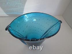 1x CONTROLLED BUBBLES Blue with Clear Handled Art Glass Vase Mid Century Modern