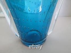 1x CONTROLLED BUBBLES Blue with Clear Handled Art Glass Vase Mid Century Modern