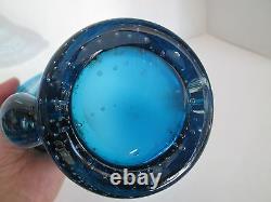 1x CONTROLLED BUBBLES Blue with Clear Handled Art Glass Vase Mid Century Modern