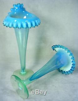 2 Antique Blue Opalescent & Vaseline Glass Jack in the Pulpit JIP Flower Vases