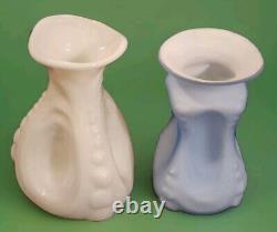 2 Antique Consolidated Catalonian Art Glass Vases Spanish Knobs Iridescent Blue