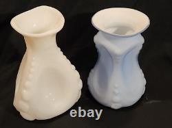 2 Antique Consolidated Catalonian Art Glass Vases Spanish Knobs Iridescent Blue